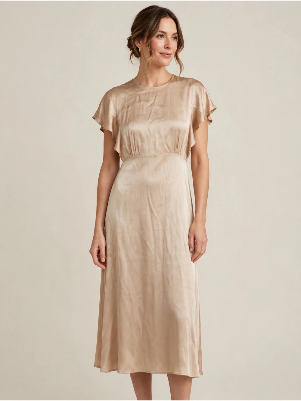 Satin Midi Dress in Soft Champagne REBELQUEEN made in Italy 42 (US 8/10) formal